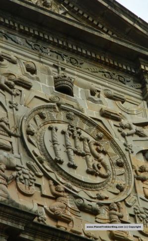 The central rectangular pediment, with the Jesuit emblem ‘IHS,’ the Latin abbreviation of ‘Iesus Hominum Salvator’ (Jesus, Saviour of Men)